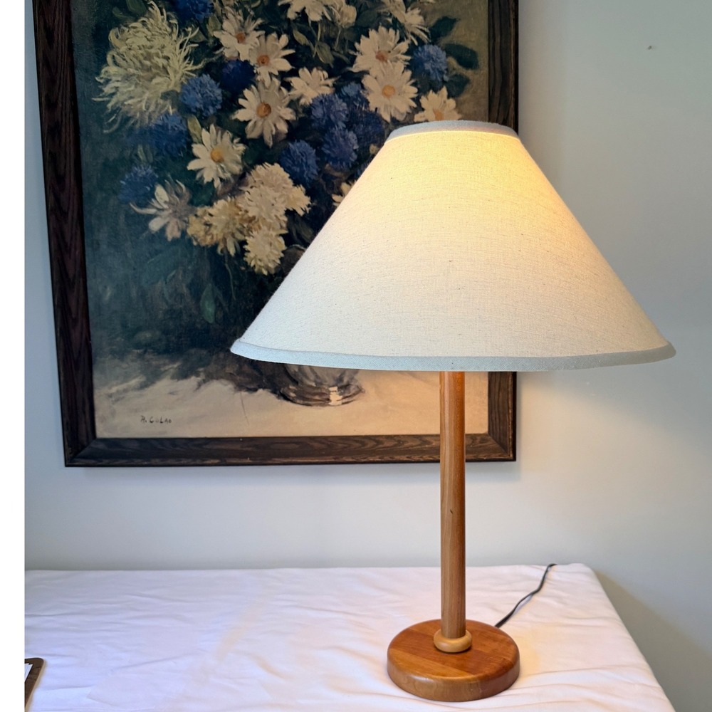 Vintage Mission Style Wood Table Lamp Arts Crafts 24" Linen Shade Danish modern